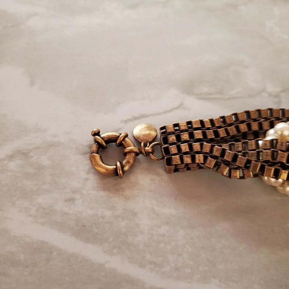💕 J.Crew Twisted Knot Pearl Box Chain Antiqued Distressed Vintage Bracelet 💕